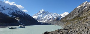 Aoraki / Mount Cook as seen from the end of the Hooker Valley trail, with the Hooker Glacier's moraine lake in the foreground.