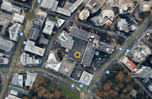 Google earth view of the Langham Hotel.  The old windmill's approximate location is circled.