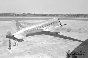 ZK-APB, aka 'Popotea', at Whenuapai Aerodrome, 1950's.  Photo: Peter Lewis Collection.