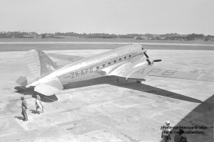 ZK-APB, aka 'Popotea', at Whenuapai Aerodrome, 1950's. Photo: Peter Lewis Collection.