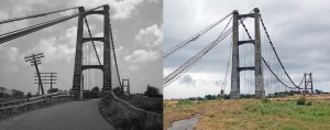Approach to the bridge, then and now.  Colour photo: bridgink