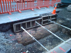 The 19th century brickwork of Ligar's Canal, revealed in recent Queen St roadworks.