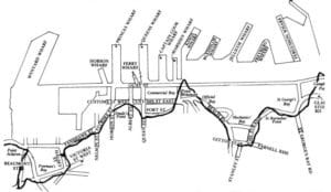 Auckland map showing where the waterfront lay in the 1850's.