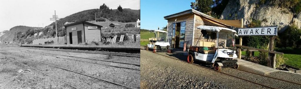 Awakeri station in 1950 (photo: JA Terry) and the modern tribute.